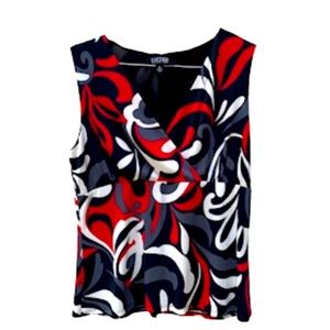 Kasper surplice sleeveless v-neck top. Red, black & white print Size 10